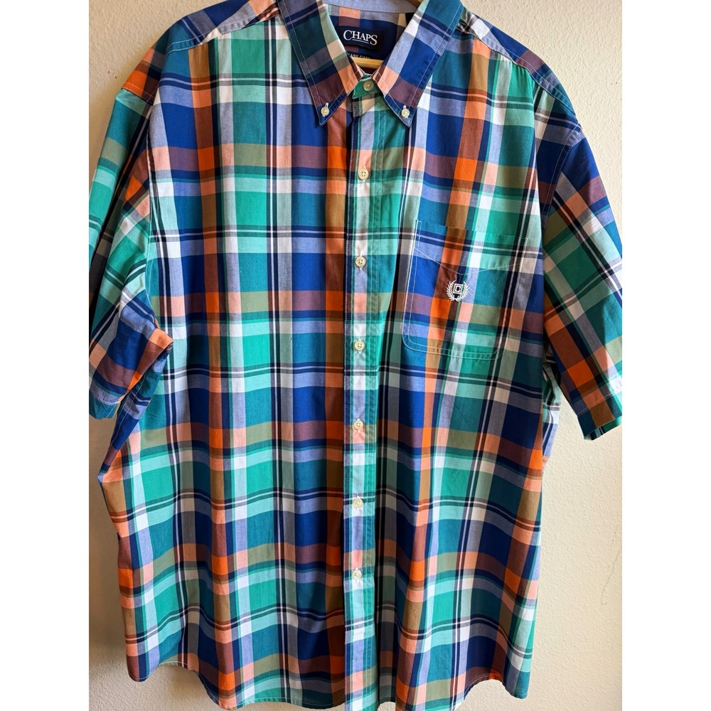 Chaps Easy Care Mens 2XL Big & Tall Plaid Short Sleeve Button Down Shirt